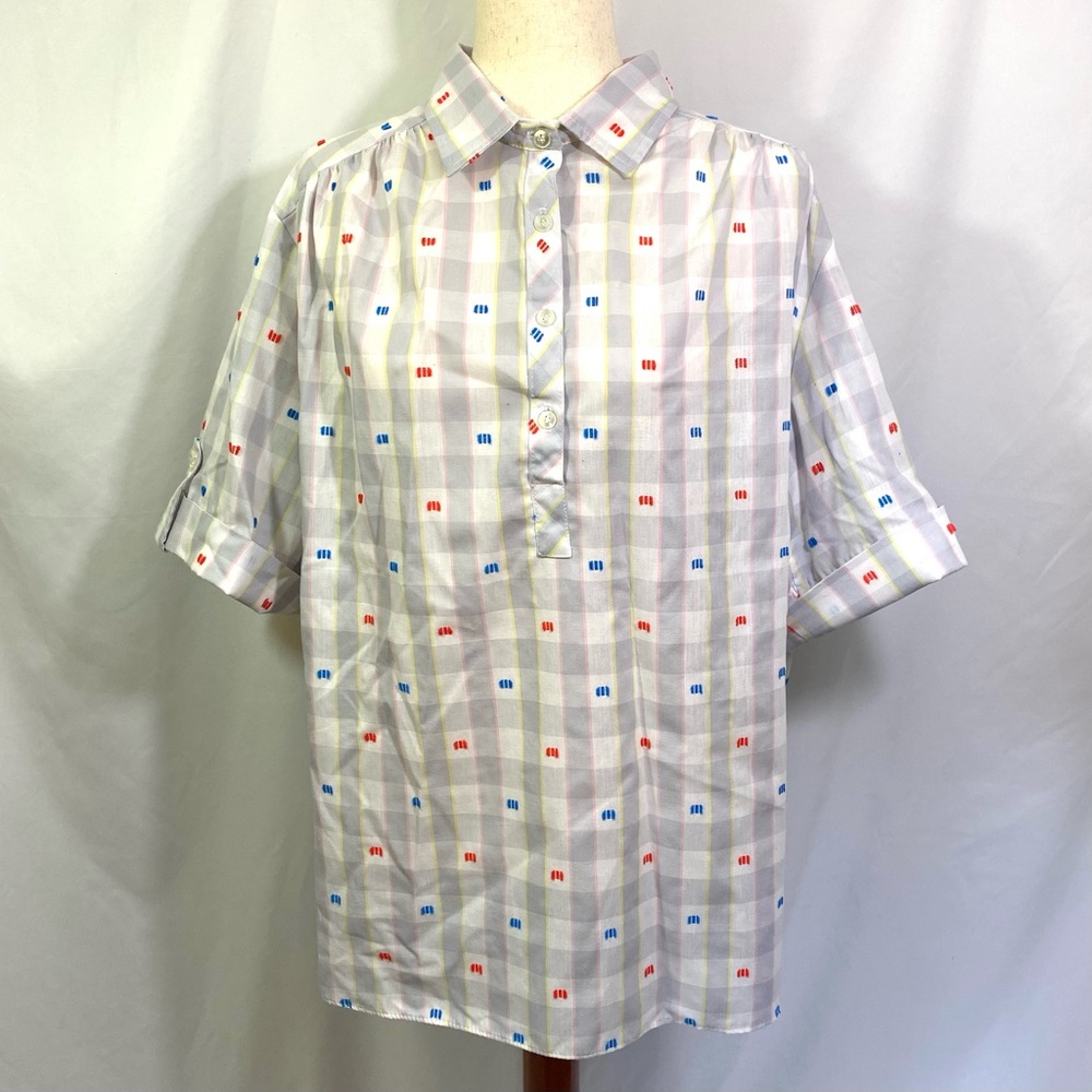 Vintage 80’s Lisa Dale Plaid Blouse Size XxL 1X 2X Short Sleeve Flocked